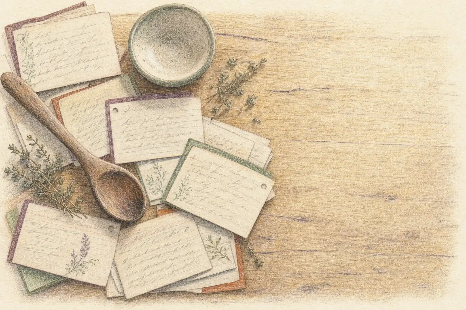 A kitchen table covered in handwritten recipe cards