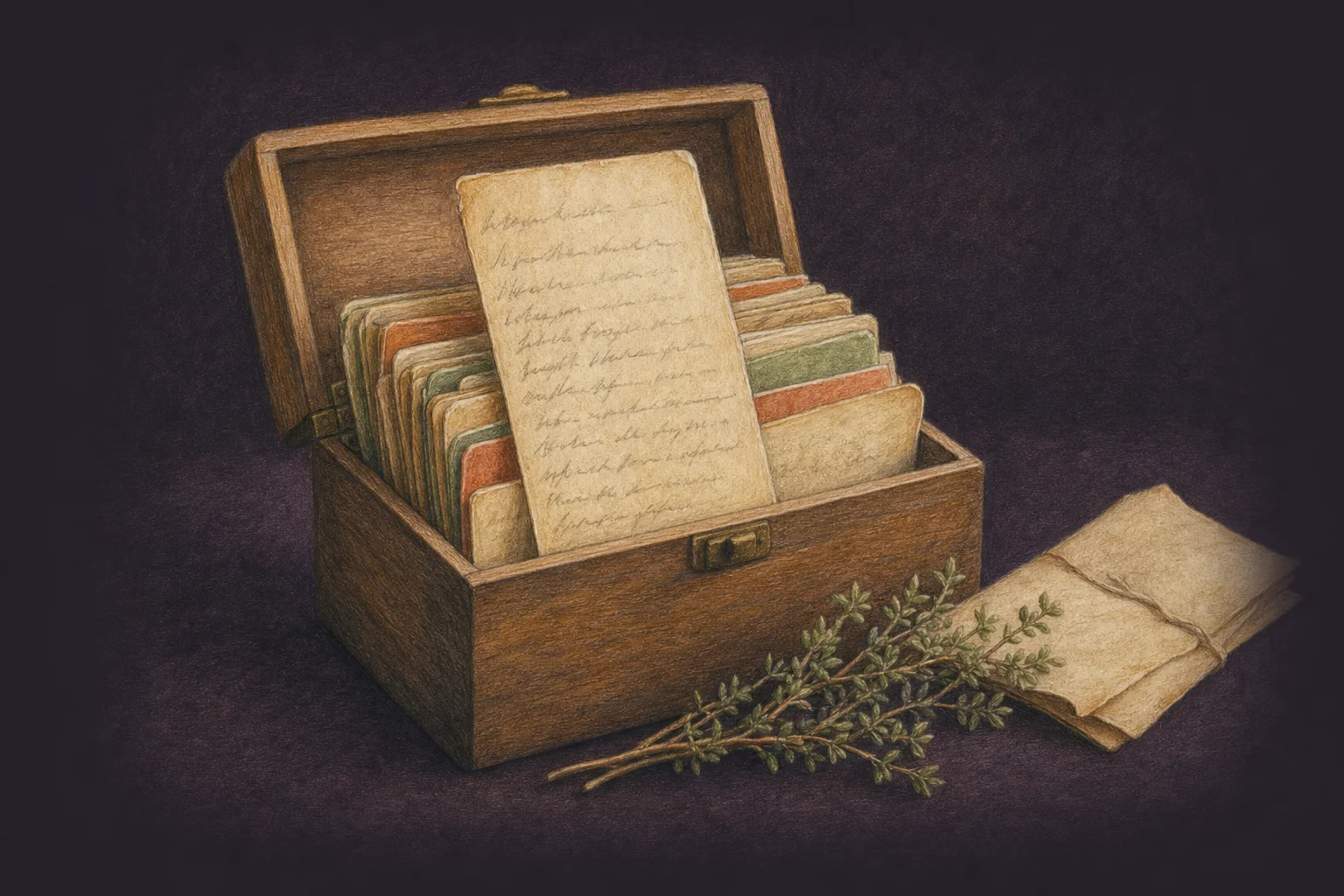 An open recipe box of handwritten family recipe cards